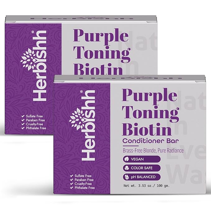 Herbishh Purple Toning Conditioner Bar for Blonde, Silver & Gray Hair, Neutralizes Brassiness, Adds Shine & Moisture, Biotin Conditioner Bar, Sulfate-Free, 3.53 oz Pack of 2
