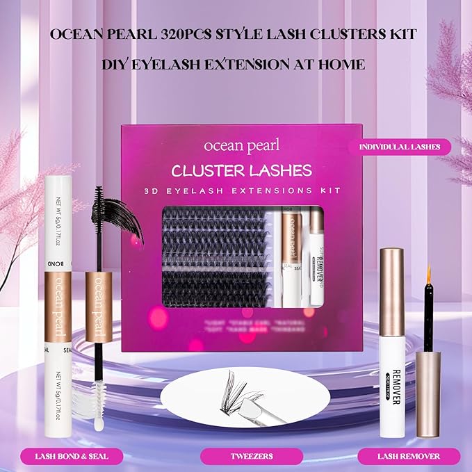 Ocean Pearl Lash Clusters 320pcs 11-20mm Lash Clusters Kit 40D+50D+100D Eyelashes, Lash Extension Kit, Lashes Clusters Eyelash Extensions Kit,Eyelash Clusters with Lash Bond&Seal&Lash Remover&Tweezers