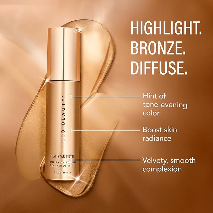 JLO BEAUTY Complexion Booster Highlighter & Bronzer for Face & Body, Rose Gold, Lightweight Skin Care Makeup Primer with Vitamin E, Sheer Shimmer Skin Tint for a Dewy Glow, That Star Filter, 1 Fl Oz