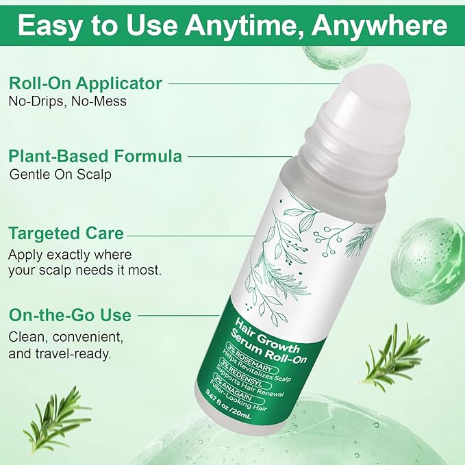 Hair Growth Serum Roll-On with 3% Rosemary Oil, Redensyl & AnaGain - Scalp Revitalizing Treatment for Fuller-Looking Hair - Non-Greasy, 0.67 fl oz