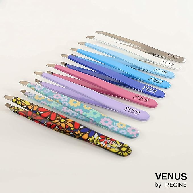 Venus by Regine Slant Tweezers - Handmade Precision Tool for Women & Men, 25-Degree Angle for Shaping Eyebrows & Grooming Facial Contours, Suitable for Eyebrow & Facial Hair Removal (Small Flowers)