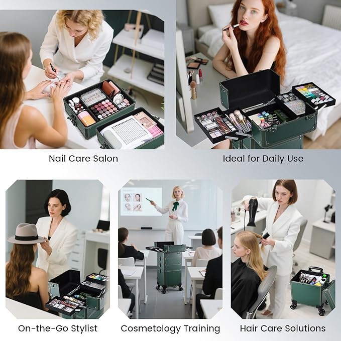 FRENESSA Rolling Makeup Train Case Cosmetology Case on Wheels 5 in 1 Makeup Case with Lid Rolling Large Make Up Organizer for Artist Barber Salon Nail Teach Kits Professional Cosmetic Box Green