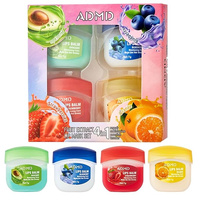 4Packs Admd Fruity Lip Balm Set,Fruit Flavored Lip Care Set,Mini Colorless Lipsticks,Moisturizing Masks, Long-lasting Nourishing Smooth Soft, Hydrated Lips Overnight (4Pcs)