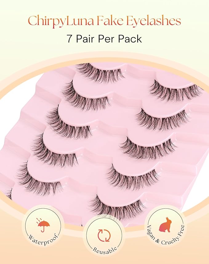 Lashes Natural Look 11MM Short Eyelashes with Clear Band C Curl False Lashes 3D Volume Strip Eyelashes Natural Looking 7 Pair Eye Lash Pack, ChirpyLuna