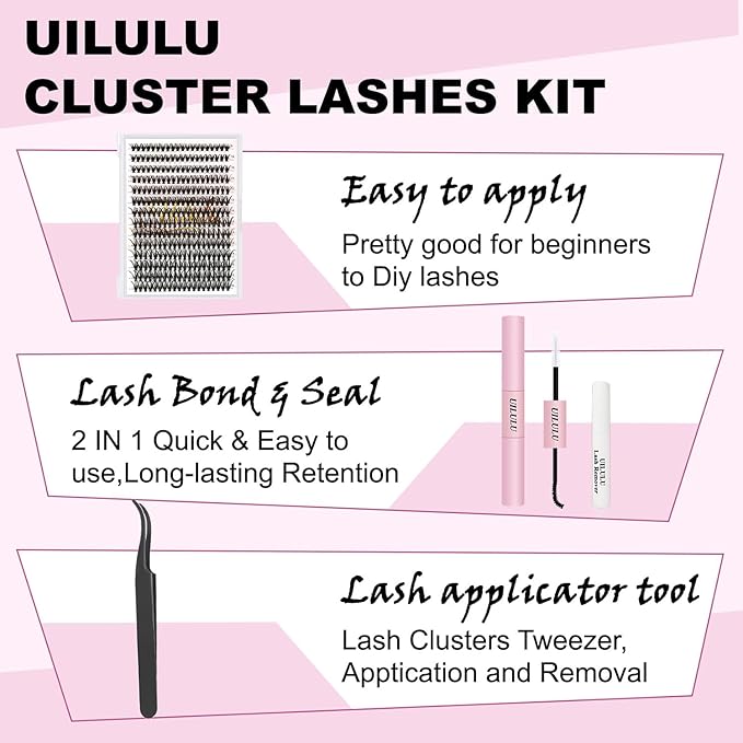 Lash Clusters Kit for DIY Lash Extension at Home, 30D False Eyelashes Set with Bond and Seal, Remover, Tweezers, D Curl Wispy Individual Clusters Eye Lash Extensions Kit (30D DIY Lash Kit)