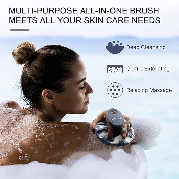 Silicone Body Scrubber 2 Pack, BEAUTAIL Shower Bath Wash Brush, Gentle Exfoliating Scrub Cleansing Loofah for Women Men Baby Sensitive Skin, Easy to Clean, Lather Nicely, More Hygienic, Pink+Blue