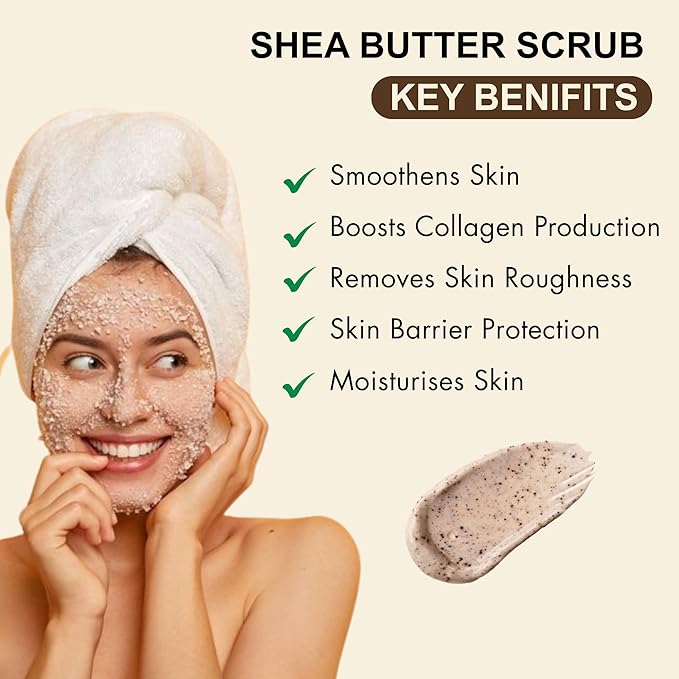 Shea Butter Body Scrub | 250g Natural, Skin Smoothing Body Scrub Exfoliator & Scrub | Soothing & Exfoliating for all Skin types, Hydrating Shea Butter and Oragon Oil Scrub