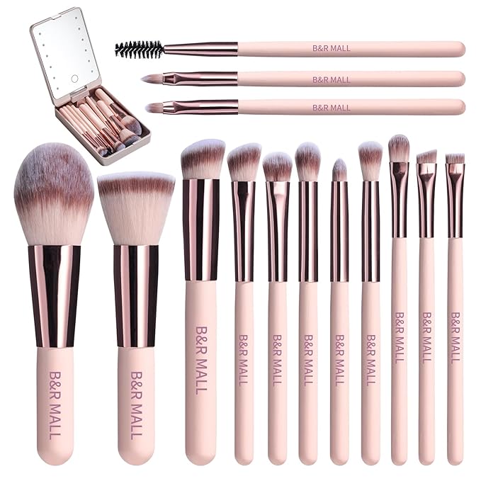B&R MALL Makeup Brush Set with LED Mirror – Supper soft Brushes for Flawless Foundation, Concealer, Eyeshadow & More | Lightweight, Versatile, Perfect for On-the-Go Touch-Ups (Champagne Gold)