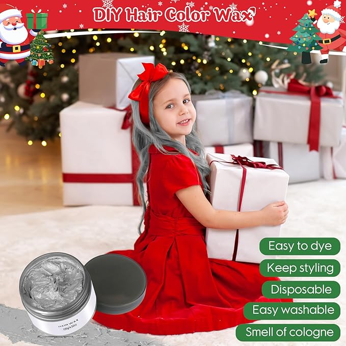 Temporary Silver Gray Hair Color Wax for Kids, Washable Styling Clay Party Hair Makeup Gift for Girls and Adults