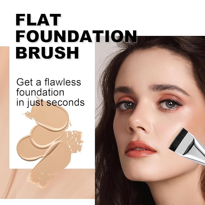 Flat Foundation Brush for Liquid Makeup,14CM Fast Flawless Flat Top Kabuki Makeup Brushes Face Cosmetics Concealer Brush for Liquid, Blending, Powder, Cream, Powder, Blush, Buffing Bright Silver