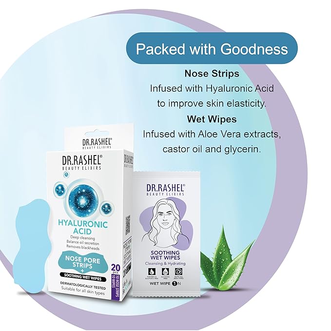 DR.RASHEL Hyaluronic Nose Pore Strips For Pore Cleansing, Instant And Painless Blackheads Removal | Deep Purifying Blackhead Remover Strips for Nose | 20 PCS (10 Strips & 10 Wipes)