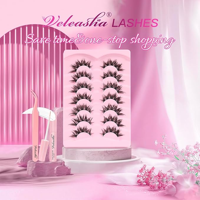 Veleasha Lashes Kit Manga Lashes Soft Eyelashes Wispy Eye Lash DIY Lash Crisscross with Eyelash Glue & Tweezers Multiple Wear Ways Soft Cotton Band 100% Handmade 7 Pairs Pack (Mermaid Kit)