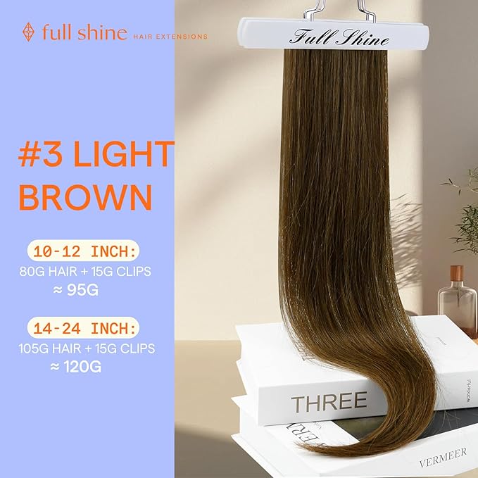 Full Shine Clip in Hair Extensions Human Hair 22 Inch Instant Volume Straight Seamless Natural Human Hair Light Brown Hair Extensions Clip ins 7 Pcs 120 G