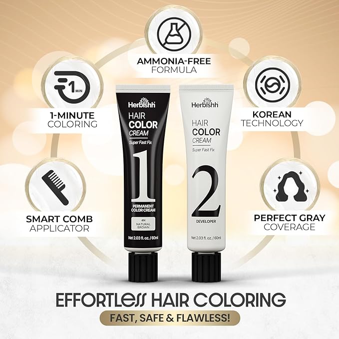 Herbishh Rapid Infusion Hair Color Cream – 4N Natural Brown Hair Dye Permanent One Minute with Comb Applicator, Hair Color for Gray Hair Coverage, Ammonia-Free, Patented Korean Technology, 2.03 fl. Oz