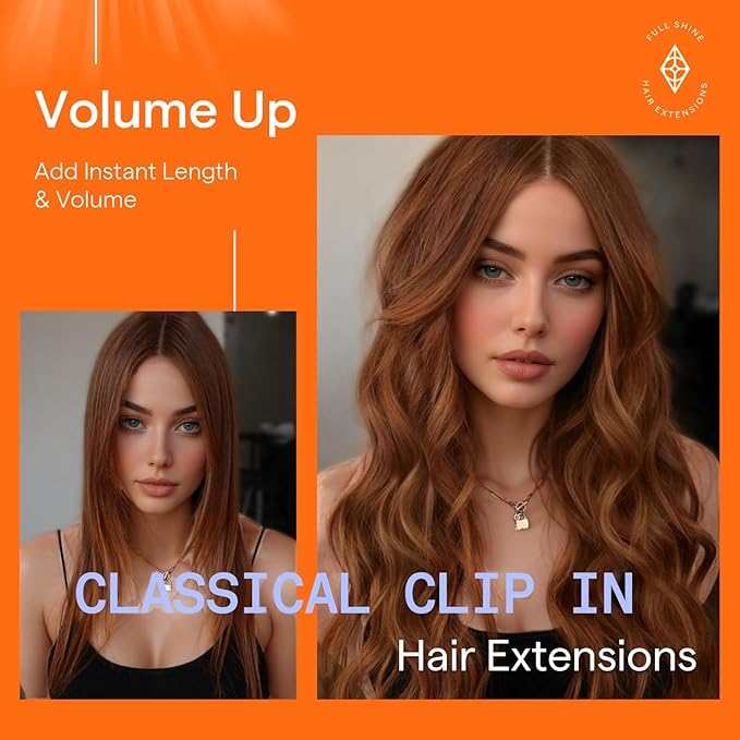 Full Shine Auburn Clip in Hair Extensions Human Hair 24 Inch Real Human Hair Extensions Clip ins Auburn for Long Hair for Sports 7 Pcs 120 G