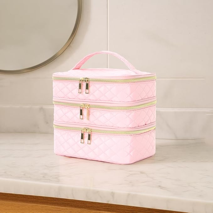 Travel Makeup Bag for Women Three Layer Large Cosmetic Case Water-resistant Toiletry Bag Organizer for Store Toiletries Cosmetic Accessories and Manicure Sets Pink