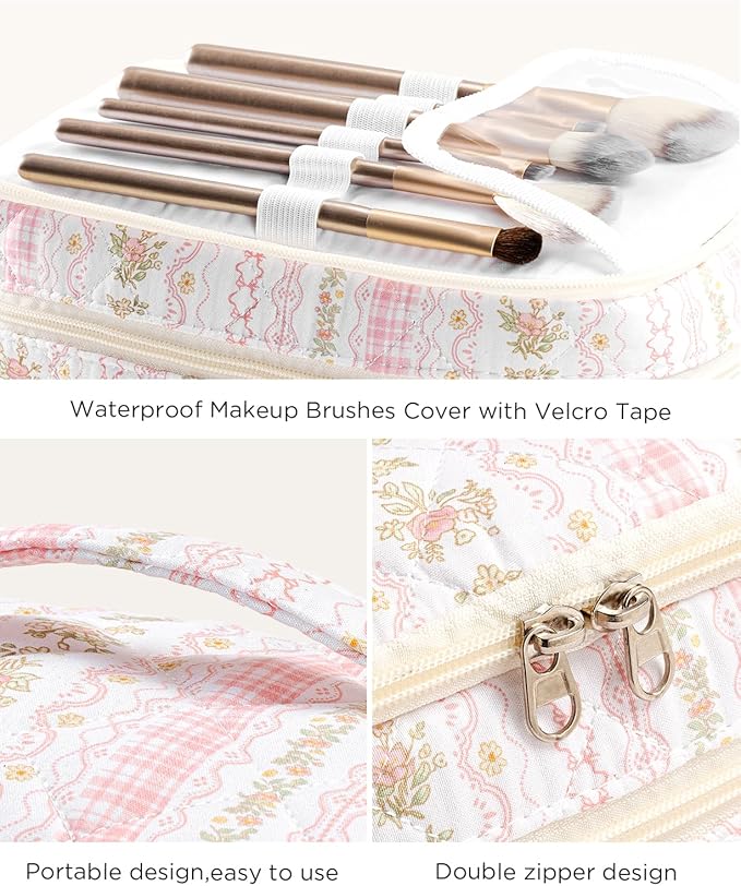 HBselect 2Pcs Travel Makeup Bag, Large Cotton Quilted Makeup Bag Cosmetic Bag Cute Make up Bag Toiletry Bags for Women Girls