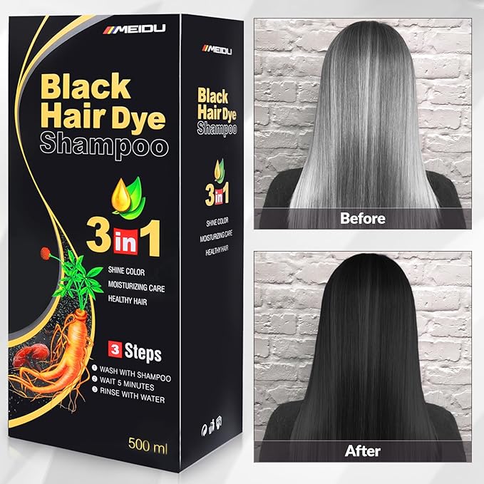 MEIDU Shampoo Shop Black Hair Dye Shampoo 3 in 1 for Gray Hair, Black Hair Dye for Women Men, Hair Color Herbal Ingredients Natural (500ml,16.9oz)