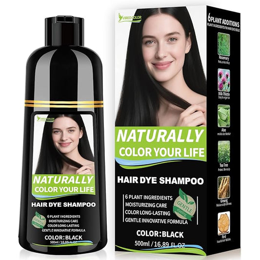 Black Hair Dye Shampoo for Women & Men, 15 Min Gray Coverage, 3 in 1 Semi-Permanent Color with Natural Herbal Ingredients