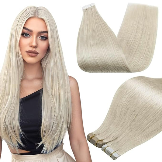Full Shine Hair Extensions Tape in White Blonde Hair Extensions Real Human Hair Tape in Cuticles Aligned Seamless Skin Weft 24Inch Long Straight Extension 50Gram 20Pcs