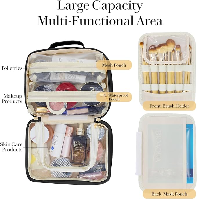 Travel Makeup Bag Large Capacity Cosmetic Organizer Waterproof Leather Toiletry Bag with Brush Holder and Handle Portable Cosmetic Storage Bag for Women Girls Gift - Black