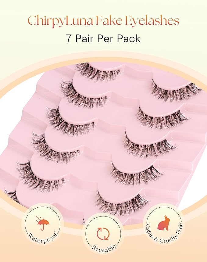 Natural Cat Eye Lashes 12MM False Eyelashes with Clear Band Wispy Lashes Natural Look C Curl Fake Eyelashes Pack 3D Volume Lash Strips ChirpyLuna Eyelash 7 Pair