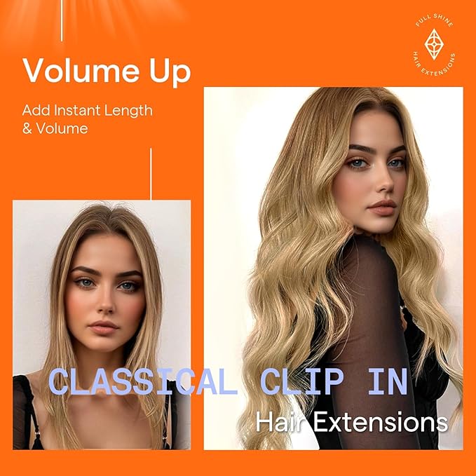 Full Shine Human Hair Extensions Clip ins 20 Inch Golden Brown Ombre Clip in Hair Extensions for Thin Hair for Party 7 Pcs 120 G