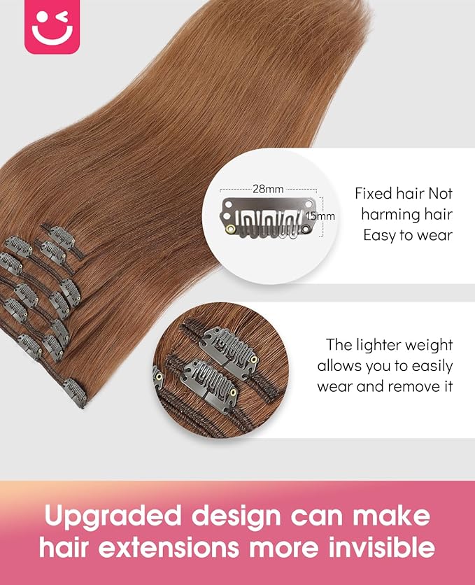 Youngsmile Clip in Hair Extensions Real Human Hair, 18inch 120g 7Pcs Human Hair Clip in Extensions, Double Weft, Easy To Install Human Hair for Women, Color 33 Auburn (CLIP#33-18Inch)