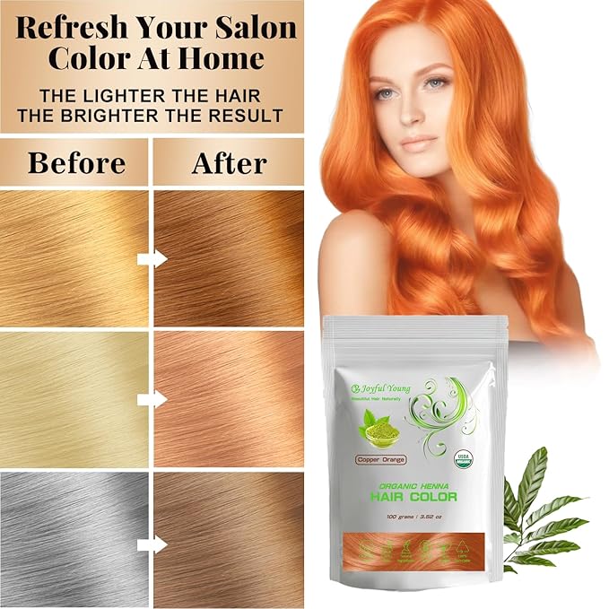 100% Organic Henna Hair Color – Natural, Chemical-Free Hair Dye for Rich, Vibrant Color & Gloss – Grey Coverage, Safe for All Hair Types, Vegan Non-Toxic, Herbal Hair Treatment (COPPER ORANGE)
