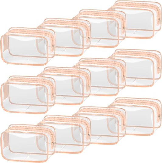 TISRATOK 12 PCS Clear Makeup Bag for Women with Zipper, TSA Approved Toiletry Pouch, Cosmetic Bag Bulk for Travel Organizer Essentials -Orange-pink, Small