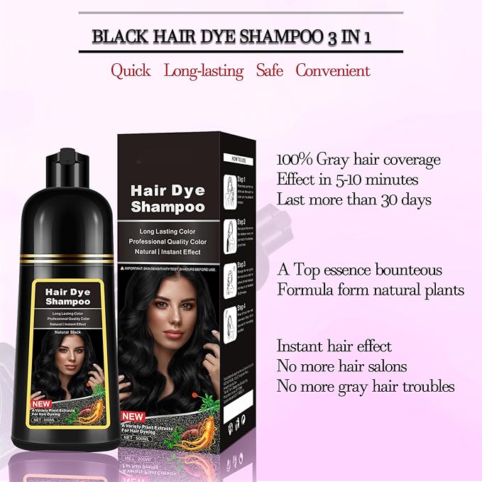 Black Hair Dye Shampoo Instant 3-in-1 for Gray Hair Coverage, Herbal Formula for Men & Women - Colors in 10-15 Minutes, Champu Para Canas 500ml
