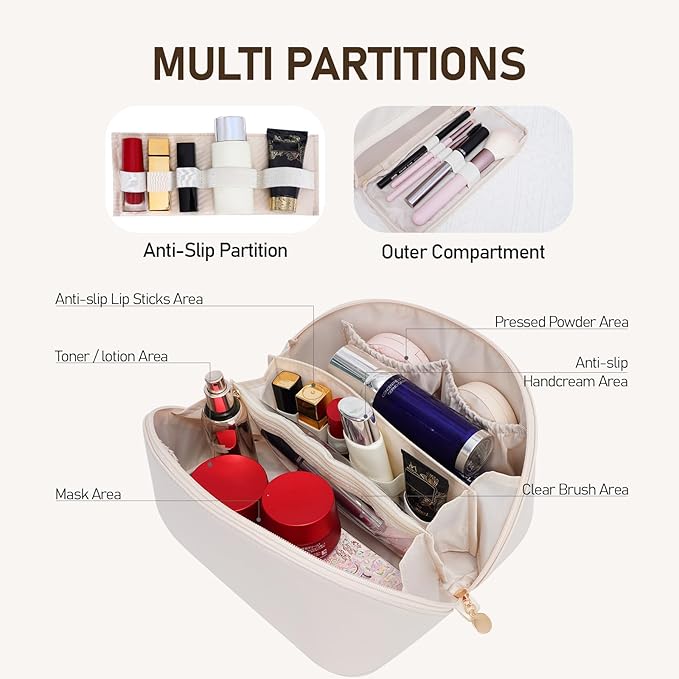 Large Capacity Cosmetic Bag for Women, Waterproof PU Leather Makeup Bag for Travel,Toiletry Bag Make up Organizer with Divider and Handle (White)