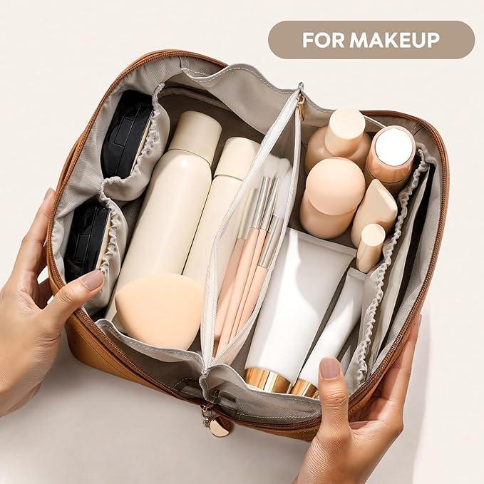 mibasies Flat Lay Open Travel Makeup Bag, Dual-Zipper Diagonal Cosmetic Bag, Large Capacity Waterproof Toiletry Bag for Women