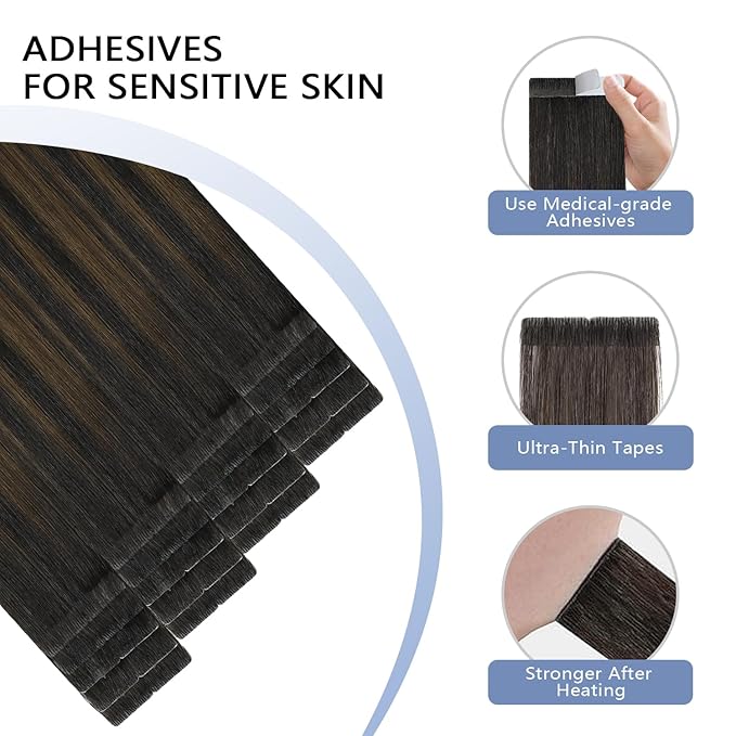 COOKAYU Invisi Edge Tape in Hair Extensions Real Human Hair Seamless Injected Tape Ins 18Inch 20pcs 40g Natural Black to Medium Brown and Caramel blonde Extensions
