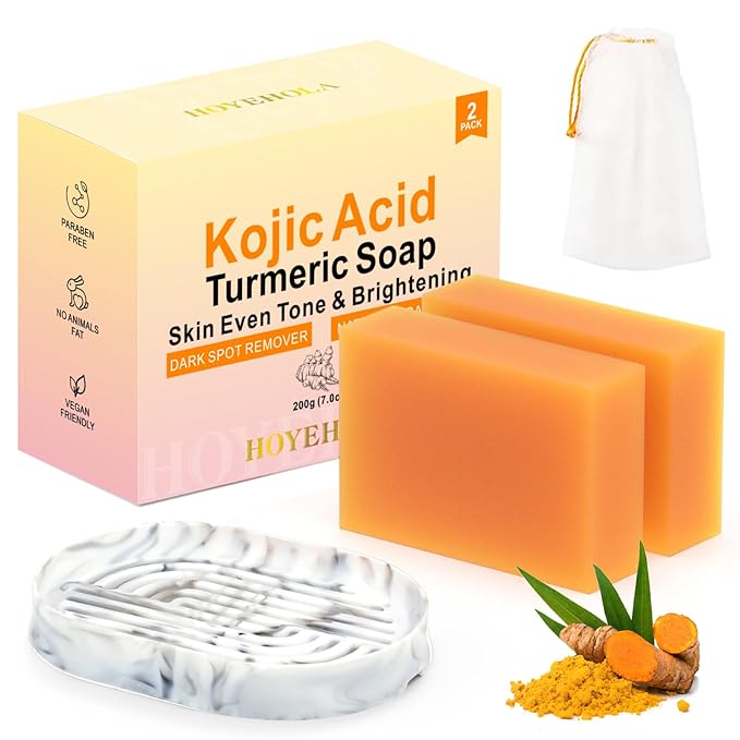 Kojic Acid Turmeric Soap Bar - Dark Spot Remover for Body and Face, Even Skin Tone Moisturizing & Nourishing Natural Ingredients 2Pack with Soap Dish