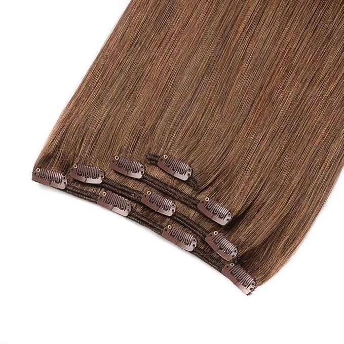 12" Hair Extensions clip in Human Hair for Women - Silky Straight Remy Hairpieces Clip on 50grams 4pieces Ash Brown Color