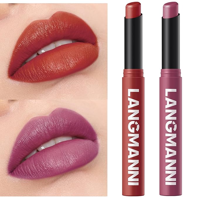 Jolilab 2Pcs Velvet Matte Lipstick Nude Matte Soft Dark Color Stick High Pigmented Long-Lasting Waterproof Lip Stick Lip Balm Beauty Cosmetics Gift for Girls and Women（09#+10#
