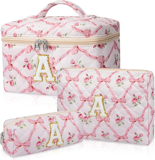 Makeup Bag, Quilted Cosmetic Bag, Large Floral Make Up Bag for Women Girls, Cute Big Cotton Makeup Bag Set, Flower Travel Toiletry Organizer Bag A