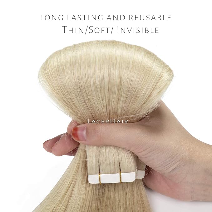 Lacer 18 Inch Hair Extensions Tape in Remy Human Hair Natural Light Platinum Blonde Color PU Skin Weft Double Side Real Human Hair Tape in Hair Extemsions 50g 20pcs/set