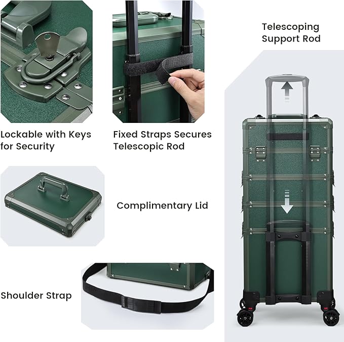 FRENESSA Rolling Makeup Train Case Cosmetology Case on Wheels 5 in 1 Makeup Case with Lid Rolling Large Make Up Organizer for Artist Barber Salon Nail Teach Kits Professional Cosmetic Box Green
