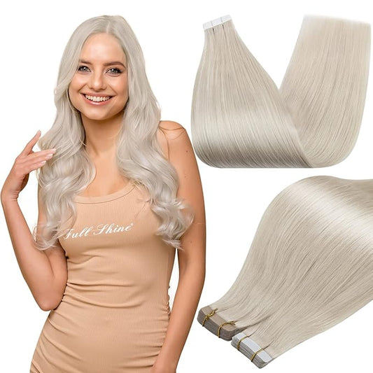 Full Shine Natural Tape in Hair Extensions Color 1000 Tape in Extensions Human Hair Double Sided Adhesive Invisible Extension 20Inch Long Skin Weft 100G 40Pcs for Party