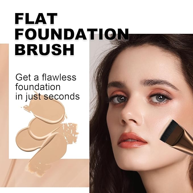 Flat Foundation Brush for Liquid Makeup,14CM Premium Fast Flawless Flat Top Kabuki Makeup Brushes Face Cosmetics Concealer Brush for Liquid, Blending, Powder, Cream, Powder, Blush, Buffing Brown