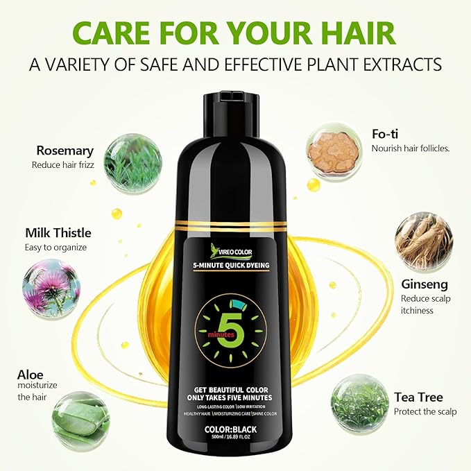 Black Hair Dye Shampoo for Women & Men, 5 Min Gray Coverage, 3 in 1 Semi-Permanent Color with Natural Herbal Ingredients