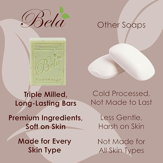 BELA Olive Oil and Cocoa Butter Soap, 3.3 OZ Pack of 12, Long Lasting French Triple Milled Bar Soap with Organic Shea Butter, Hand, Face and Body Wash Bar, Made in Australia