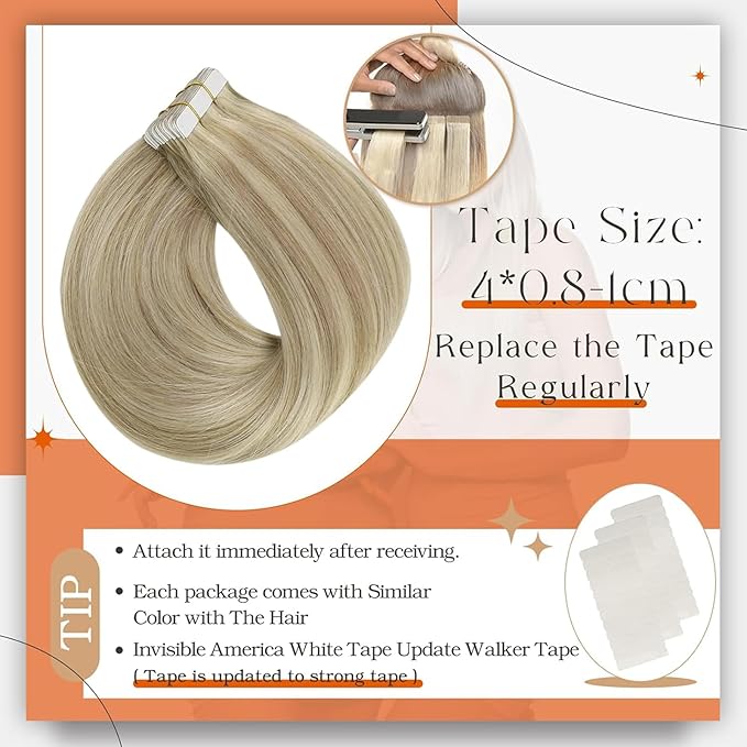 Full Shine Highlight Tape in Human Hair Extensions Color 16P22 Blonde Tape in Extensions Human Hair Cuticles Aligned Remy Double Sided Skin Weft 24Inch 100G Natural Extension 40Pcs