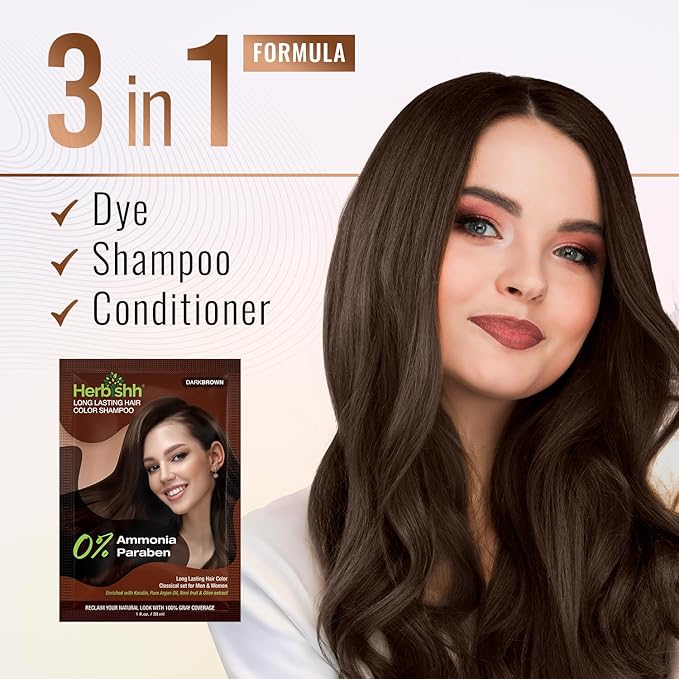 Herbishh Travel Pack Hair Dye Color Shampoo in Sachet + 1pc Argan Hair Mask Sachet (Dark brown, 5 sachets)