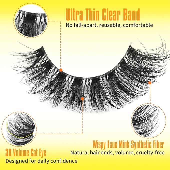 Kiromiro Lashes Natural Look False Eyelashes Clear Band Wispy Faux Mink Eyelashes Fluffy 15mm Natural False Lashes Cat Eye Strip Lashes Pack 7 Pairs