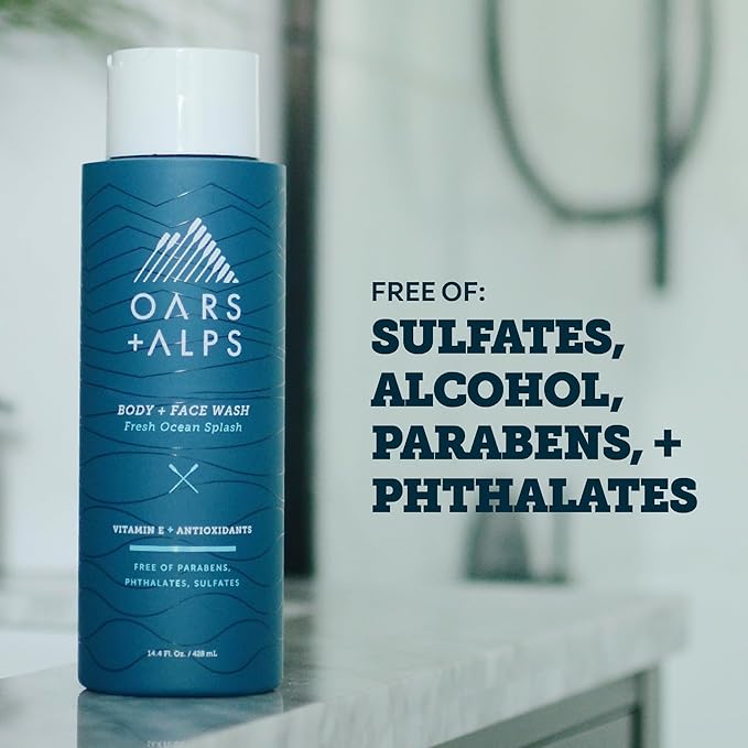 Oars + Alps Men's Moisturizing Face & Body Wash, Body Wash with Vitamin E and Antioxidants, Sulfate Free, Fresh Ocean Splash, 3pk
