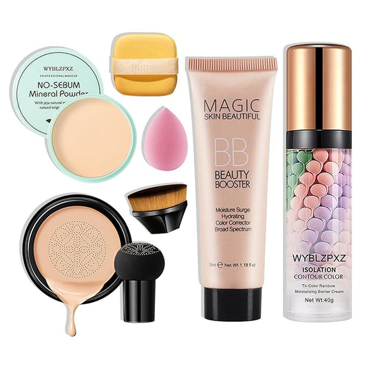 Mushroom Head Air Cushion CC Cream + BB Cream + Tri-color Color Corrector Foundation Set - Moisturizing Full Coverage Foundation Concealer Lasting Foundation Makeup Base Primer (7 Pcs)