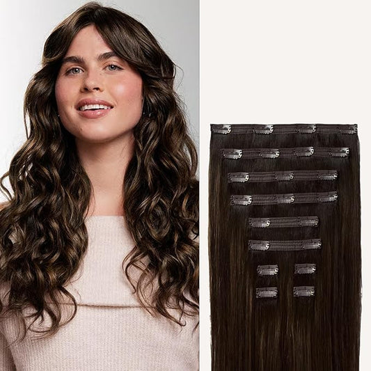 Luxy 100% Remy Human Hair, Classic 160g Clip-In Hair Extensions - 10 Wefts Multi-Dimensional Color for Natural Blending, Adds Volume & Length, Easy Apply & Remove 20" Dimensional Rooted Honey Espresso